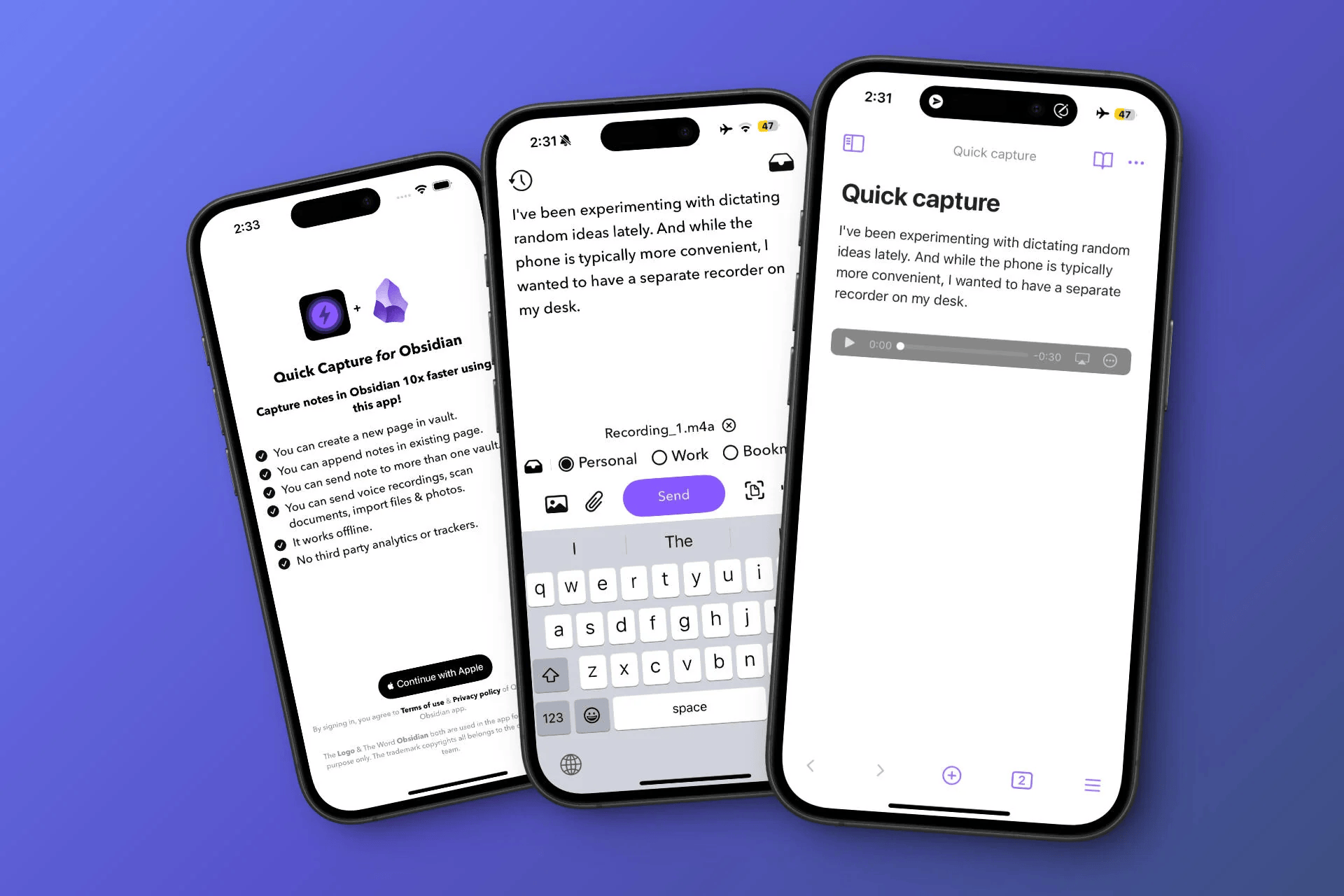 Quick Capture for Obsidian — a dedicated lightweight companion app