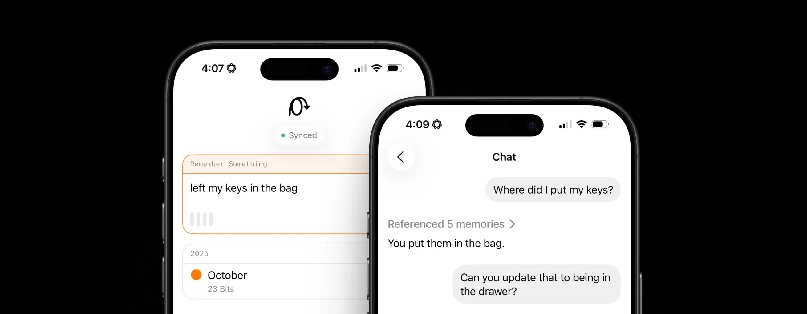 Two screens of the Brainbits iOS app showing quick note capture and AI-powered quick recall.
